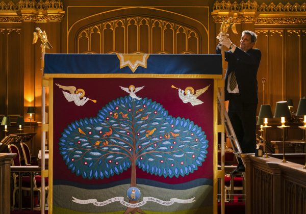 Nick Gutfreund, Cabinet Maker and Anointing Screens Project Lead, adjusts the anointing screen which will be used in the coronation of King Charles III, in the Chapel Royal at St James's Palace in London.